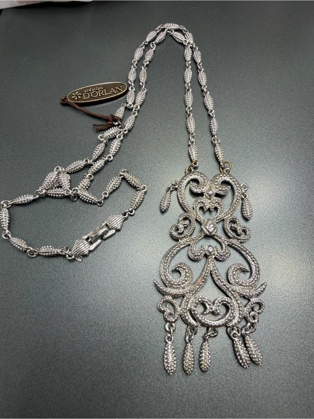Vintage D’Orlan Ornate Silver Pendant Necklace #2SN